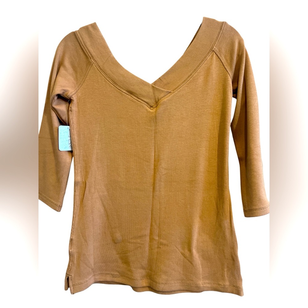 Free People Camel Color Double V Neck Top Size Large NEW